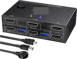 Ennovor USB 3.0 HDMI Displayport KVM Switch 2 Monitor 2 Computer 4K@60Hz 2K@144Hz,Dual Monitor KVM Switch for 2 PC Share 4 USB 3.0 Ports(202DD Without EDID)