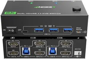 Ennovor 8K HDMI KVM Switch 2 Monitors 2 Computers 8K@60Hz 4K@144Hz, ANGEET Dual Monitor KVM Switch with 4 USB 3.0 Hub for Keyboard Mouse Printer,Wired Remote,12V Power Adapter and USB Cables Included