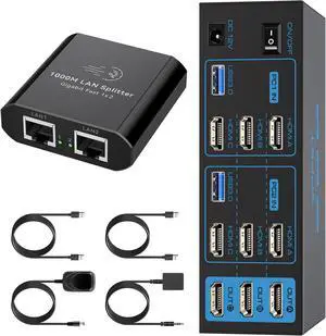 Ennovor Ethernet Splitter 1 to 2 1000Mbps/KVM Switch 3 Monitors 2 Computers HDMI 4K60Hz USB3.0 KVM Switch 2 Ports with 4 USB Ports for 2 Computers Sharing Triple Monitor and One Gigabit Ethernet Port