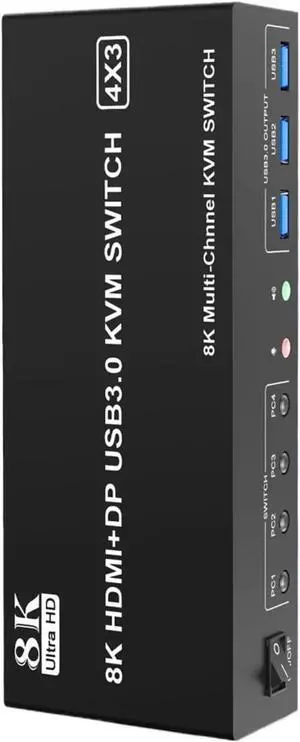 Ennovor 8K Displayport +2 HDMI USB3.0 KVM Switch 3 Monitors 4 Computers, 2 HDMI 2.1 + DP 1.4 Triple Monitor Keyboard Mouse Switcher(US Plug Adapter)