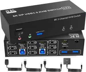 Ennovor 8K DP1.4 KVM Switch Triple Monitor for 2 PCs Share 3 Monitors, RJ45 Ethernet Splitter 1 to 2, Audio Mic Port and 3 USB3.0 Device(with EU Plug)