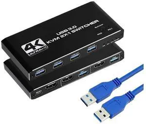 Ennovor 2-In-1-Out KVM Switch 4K 60Hz HDMI-Compatible USB 3.0 Hub Switcher Docking Station Dock Computers PC Share Keyboard Printer(Button Control)