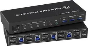 Ennovor 4K@60Hz USB 3.0 KVM Switch Displayport 2 Monitors 4 Computers,4 Port Dual DP Monitor Switch with Audio for 4 PCs 2 Monitors(with US Plug)