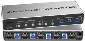 Ennovor 4K@60Hz USB 3.0 Displayport+HDMI KVM Switch 2 Monitors 4 Computers, 4 Port Dual Monitor HDMI+DP Monitor Switch for 4 PC(EU Plug)