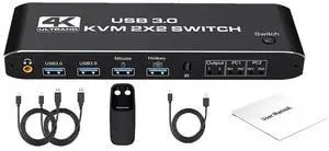 Ennovor 2 in 2 out HDMI KVM Switch 4K@60Hz USB 3.0 Dual Monitor Extended Display Aluminum Alloy Case HDMI KVM Switch with Keyboard Hotkey