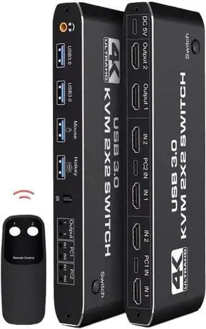 Ennovor 2-In-2-Out KVM Switch Matrix 4K 60Hz HDMI-compatible2.0 USB 3.0 Hub Docking Station Dock PC Share Keyboard Printer Mouse(2x2 KVM Switch)