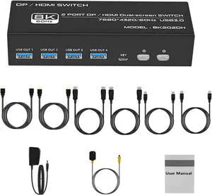 Ennovor DAGIJIRD HDMI DP KVM Switch 2 Monitors 2 Computers 8K@60Hz with Cable, 2 in 2 Out Displayport and HDMI KVM Switch