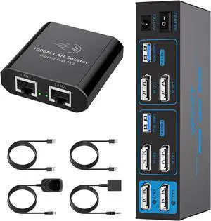 Ennovor Ethernet Splitter 1 to 2 1000Mbps/4K@144Hz Displayport KVM Switch 2 Monitors 2 Computers USB3.0 Dual Monitor KVM Switches for 2 PC Sharing One Gigabit Ethernet Port and 4 USB 3.0 Devices