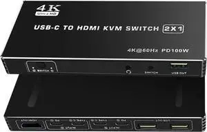 Ennovor USB C KVM Switch 2x1 4K Type C HDMI KVM Switch 2 in 1 Out Support PD Charging for 2 Loptop Share 1 HDMI Monitor Mouse Keyboard