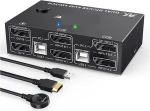 Ennovor DP Dual Monitor KVM Switch DisplayPort 1.4 8K@30Hz 4K@144Hz,Extended Display Switch for 2 Computer Share 2 Monitor+4 USB2.0 Port(USB 3.0 Dual DP 1.4)