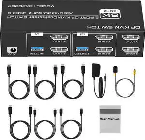 Ennovor 2x2 8K@60Hz 4K@120Hz HDMI USB Displayport KVM Switch, Dual Share One Monitor Selector Box for PC Share Monitor Mouse Keyboard Printer