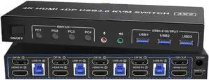 Ennovor 4 Port HDMI+DP Monitor Switch for 4 PC 2 Monitors,4K@60Hz KVM Switch Dual Monitor 4 PC with Audio Microphone and 3 USB 3.0 Ports(with EU Plug)