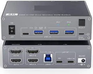 Ennovor Dual Monitor KVM Switch for Laptop & Desktop 4K@60Hz, USB C and HDMI KVM Switch 2 Monitors 2 Computers with 4 USB 3.0 Port(US Power Plug)