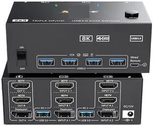 Ennovor 8K Triple 3 Monitor KVM Switch USB 3.0 hub HDMI Compatible DP Docking Station Switch selector 2(Input 1xHDTV 2xDP)