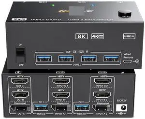 Ennovor 8K KVM Switch Tripe 3 Monitors USB 3.0 Hub Docking Station HDMI-Compatible DP Switcher Selector 2 PC Share Keyboard Printer(Input 1xHDTV 2xDP)