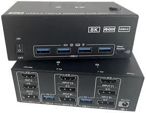 Ennovor 8K KVM Switch 3 Monitors Tripe HDMI-Compatible DP Switcher Selector USB 3.0 Hub Docking Station Computer PC Accessories Hubs(Input 2xHDTV 1xDP)