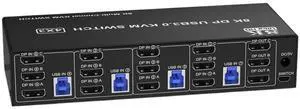 Ennovor 8K USB 3.0 KVM Switch 3 Monitors 4 Computers, DP 1.4 Triple Monitor with Audio Microphone Output and 3 USB 3.0 Ports(EU Plug Adapter)