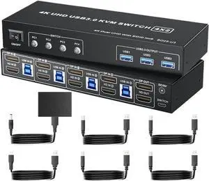 Ennovor 4K@60Hz USB 3.0 HDMI Displayport KVM Switcher HDMI 2.0 DP Extended Display Switch for 4 Computers Share 2 Monitors(EU Power Plug)