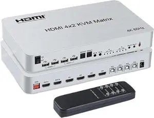 Ennovor 4 Port USB HDMI KVM Matrix 4x2 Dual Monitor 4K 60Hz HDMI Matrix Switch Splitter Audio Video Converter Support USB Keyboard Mouse(EU Plug)
