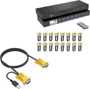 Ennovor 16 Port Rack Mount KVM VGA + 2 Pack 10ft VGA KVM Cable