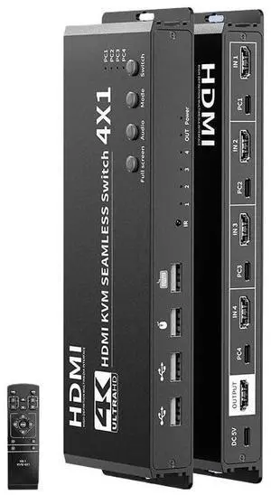 Ennovor 4K HDMI KVM Q*uad Mult*iViewer Seamless Switch 4 PC Sharing 1 Monitor with 4 USB Mouse Keyboard Synchronous HotKey Control(EU Plug)