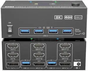 Ennovor 8K Tripe 3 Monitors KVM Switcher USB 3.0 Hub HDMI-Compatible DP Docking Station Switch Selector 2 Computers Share Keyboard(Input 1xHDMI 2xDP)