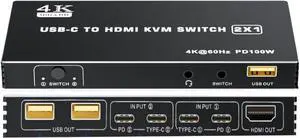 Ennovor Type-C USB-C to HDMI KVM 2X1 Switcher Dual Port 4K@60Hz Video HDMI 2.0 2 in 1 Out Switch with PD Charging for Computer
