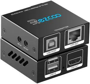Ennovor KVM Extender USB HDMI to RJ45 Over Cat5e/6/7 1080P@60Hz up to 150ft/50M, HDMI Over Ethernet Transmitter Receiver Support Keyboard Mouse 2 Ports USB2.0 Hub POE Stereo Audio and Microphone