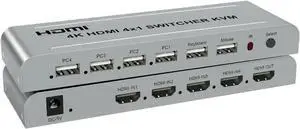 Ennovor 4K 4x1 HDMI KVM Switcher 4 in 1 Out Audio Video Converter for USB Keyboard Mouse Control 4 Laptop PC, Computer to TV Projector(with EU Plug)