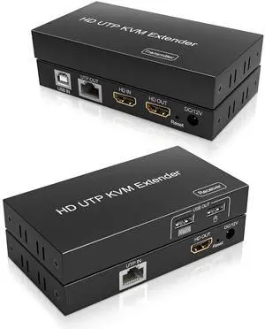 Ennovor HDMI USB KVM Extender TCP/IP Over Cat5e/6/6a/7 up to 200ft/60M, 1080p@60Hz, 2 USB2.0 Ports, Keyboard and Mouse USB Over Network, Zero Latency, Plug and Play, Supports All Operating System
