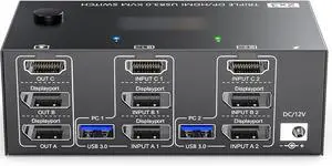 Ennovor HXBER USB 3.0 KVM Switcher Two Input Three Output Three Monitor Switcher Support 8K@30Hz 4K@144Hz USB 3.0 Displayport with Wired Remote and 4 Cables Included Compatible with Mac/Windows/Linux