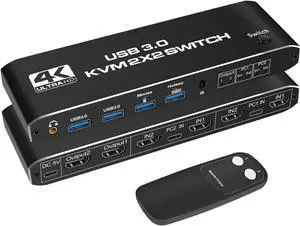 Ennovor 4K 60Hz 2x2 IKVM Switch Dual Monitor HDMI-Compatible Extended Display USB Switcher 2 in 2 Out for 2 PC Laptop Share 2 Monitors