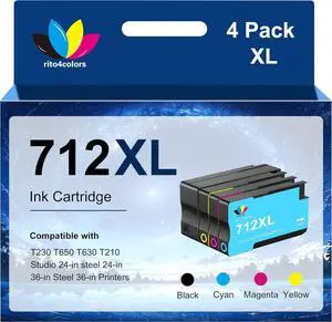 Ennovor 712 712XL Ink Cartridge Replacement for HP 712 712XL 712 XL Ink for DesignJet T650, T630, T230, T210 Studio Plotter Printer(4 Pack, Black, Cyan, Yellow, Magenta)