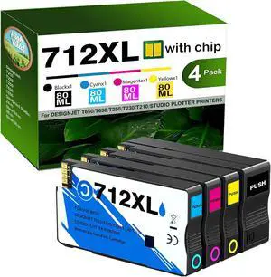 Ennovor 712XL 712 XL Ink Compatible for HP 712 Ink Cartridges Combo Pack High Yield Replacement for HP DesignJet T210 T230 T250 T630 T650 Studio Plotter Printer (1 Black,1 Cyan,1 Magenta,1 Yellow)