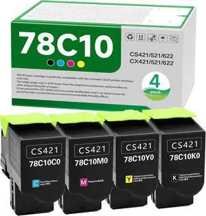 Ennovor 78C10K0 78C10C0 78C10M0 78C10Y0 High Yield Toner Cartridge Replacement for Lexmark CS421 CS521 CS622 CX522 CX421 CX622 CX625 CS622de CS521dn CS421dn CX421adn CX522ade Printer 4 Pack