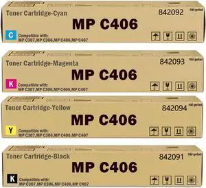 Ennovor MPC406 MPC306 Toner Cartridge Set Black Cyan Magenta Yellow Compatible with Ricoh MP C307 MP C306 MP C406 MP C407 Printer Cartridge 842091 842092 842093 842094