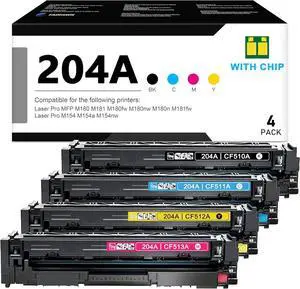 Ennovor 204A Toner Cartridges 4 Pack(BK/C/M/Y): Compatible CF510A CF511A CF512A CF513A Toner Replacement for HP 204A for M180nw M180n M181fw M180fw M154nw M154a Printer