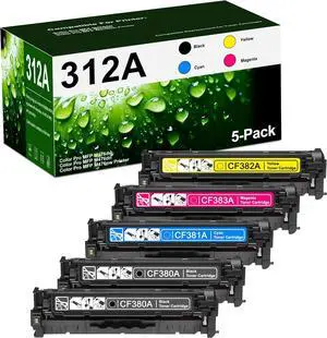 Ennovor 312A High Yield Toner Cartridge Set (5-Pack, Black/Cyan/Yellow/Magenta) - CF380A CF381A CF382A CF383A Toner Cartridge Replacement for HP Color Pro MFP M476dw M476dn M476nw Printer