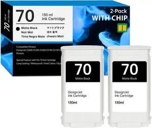 Ennovor 70 Matte Black Ink Cartridges 130-ml with Chip Replacement for HP 70 Ink Cartridges C9448A for DesignJet Z5400 Z5200 Z3200 Z3100 Z2100 Large Format Printers, 2 Pack 70MB Ink Kit