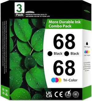 Ennovor 68 Ink Cartridges Black Color Combo Pack Replacement for HP 68 Ink Envy 6552e 6555e 6558e 6152e 6155e Printer 3-Pack (2 Black / 1 Tri-Color)