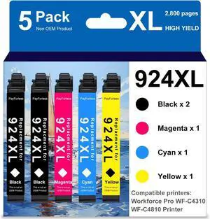 Ennovor 924XL 924 T924 T924XL Ink Cartridge 5 Pack Combo Pack Remanufactured for Workforce Pro WF-C4310 WF-C4810 Printer (2 Black, Cyan, Magenta, Yellow,Value Pack)