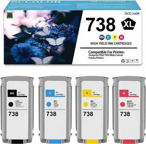 Ennovor 738 Ink Cartridge Replacement for HP 738 Ink Cartridges 130-ml Black Cyan Yellow Magenta Works for DesignJet T850 T950 Wide Format Printer Plotters(498N5A 498N6A 498N7A 498N4A 4-Pack)