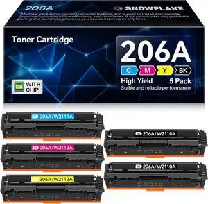 Ennovor 206A Toner Cartridges (with Chip) Compatible 206A W2110A Replacement for HP Color Pro MFP M283 M283fdw M283fdn M283cdw Pro M255 M255dw Printer (5 Pack, Black Cyan Yellow Magenta).