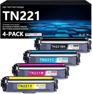Ennovor TN221 TN-221 Toner Cartridge Set (4-Pack) TN221BK TN221C TN221M TN221Y Compatible with HL-3140CW 3170CDW 3180CDW MFC-9130CW 9330CDW 9340CDW Printer Replacement for Brother TN221 TN-221 Toner