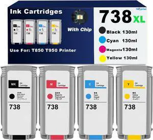 Ennovor 738 738xl Ink Cartridges Compatible with HP 738 Ink Cartridge for HP DesignJet T850 T950 Printer Ink 4-Pack 738 130-ml Black Cyan Yellow Magenta