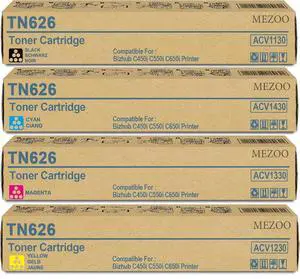 Ennovor MEZOO TN-626 TN626 Toner Cartridge High Yield Replacement for TN626 ACV1130 ACV1430 ACV1330 ACV1230 for Konica Minolta Bizhub C450i C550i C650i Printers (4 Pack,Black Cyan Magenta Yellow)