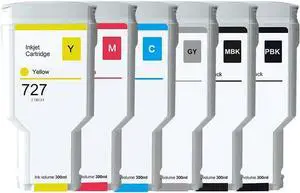 Ennovor Aomya 6 x 300ml Compatible 727 Ink Cartridges C1Q12A F9J79A F9J76A F9J77A F9J78A F9J80A for DesignJet T920 T930 T1500 T1530 T2500 T2530 Printers(MBK/PBK/CY/MG/YL/GY