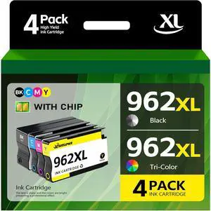Ennovor 962XL Ink Cartridges Combo Pack Replacement for HP 962 XL 962XL Ink Cartridges Work for Officejet Pro 9015e 9010 9025e 9015 9025 9018e 9025e 9020 Printer (4-Pack, Black/Cyan/Magenta/Yellow)