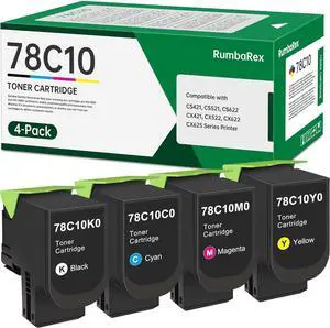 Ennovor Remanufactured 78C10 Toner Cartridges Set Replacement for Lexmark 78C10K0 78C10C0 78C10M0 78C10Y0 Toner Cartridge for CS421 CS521 CS622 CX421 CX522 CX622 CX625 Printer Ink 4-Pack (BK/C/M/Y)