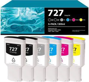 Ennovor 727 Ink Cartridges 300-ml (6-Pack, Photo Black/Matte Black/Gray/Cyan/Magenta/Yellow) Replacement for HP 727 Ink Work with DesignJet T1530 T2500 T920 T930 T1500 Printer